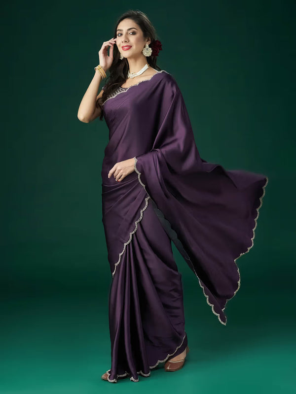 Elegant Crepe Drape with Wavy Diamond Lace & Embellished Blouse Wine