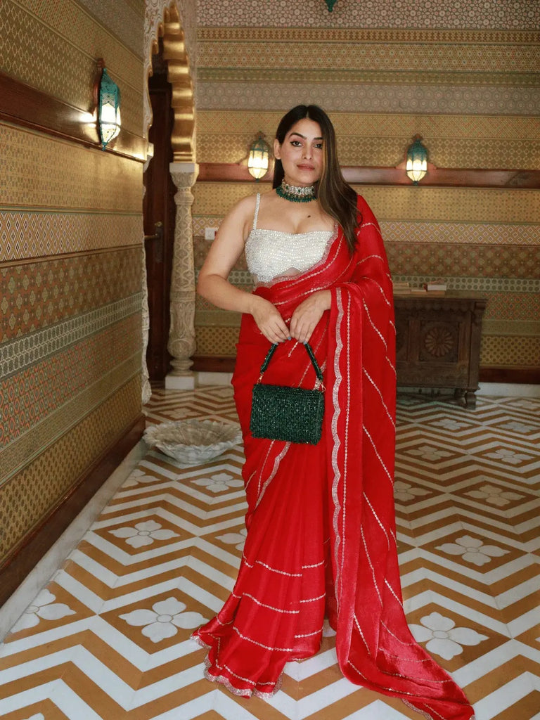 Shop Sophisticated Red Chiffon Silk Saree with Diamond Highlights & Wave Finish