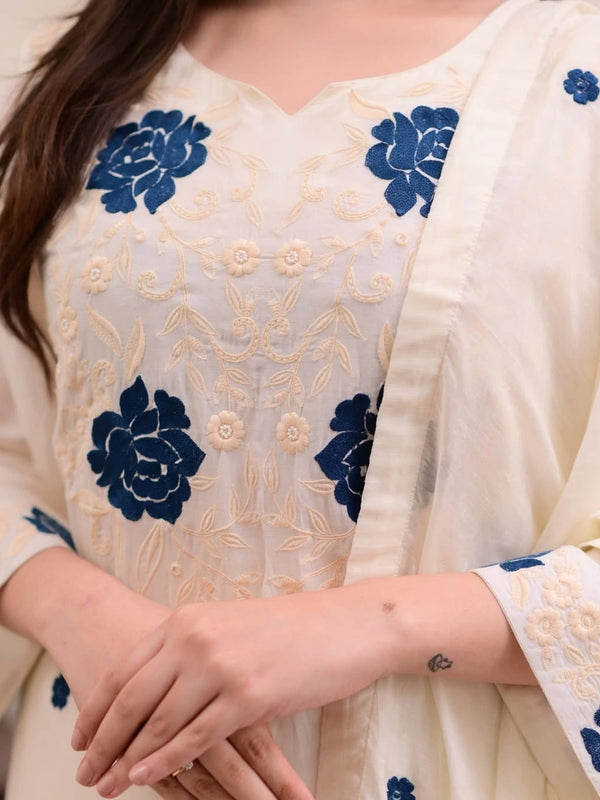 Elegant White Rayon Kurta Set with Blue Floral Embroidery & Chanderi Dupatta