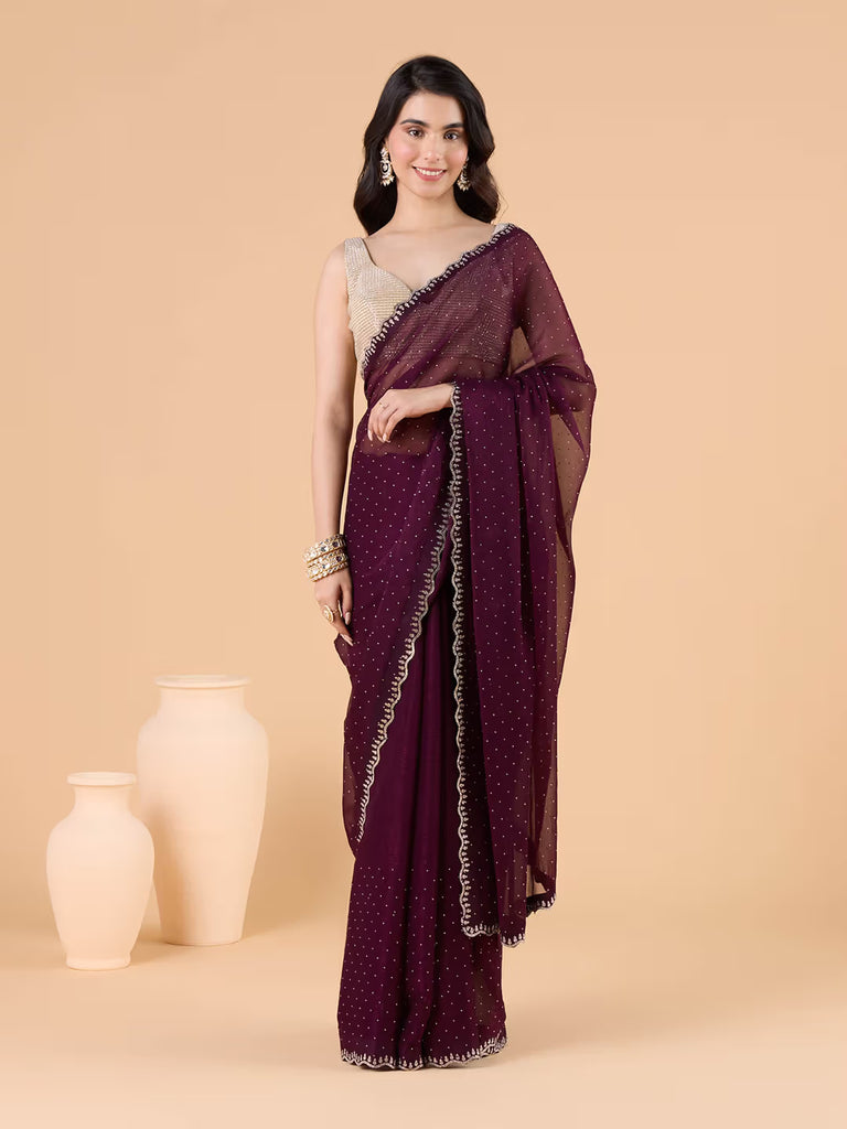 Graceful Siffon Silk  Saree with Shimmer Diamond Touch & Wavy Tree Work