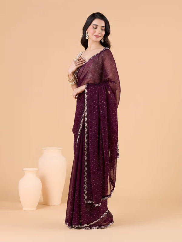 Graceful Siffon Silk  Saree with Shimmer Diamond Touch & Wavy Tree Work