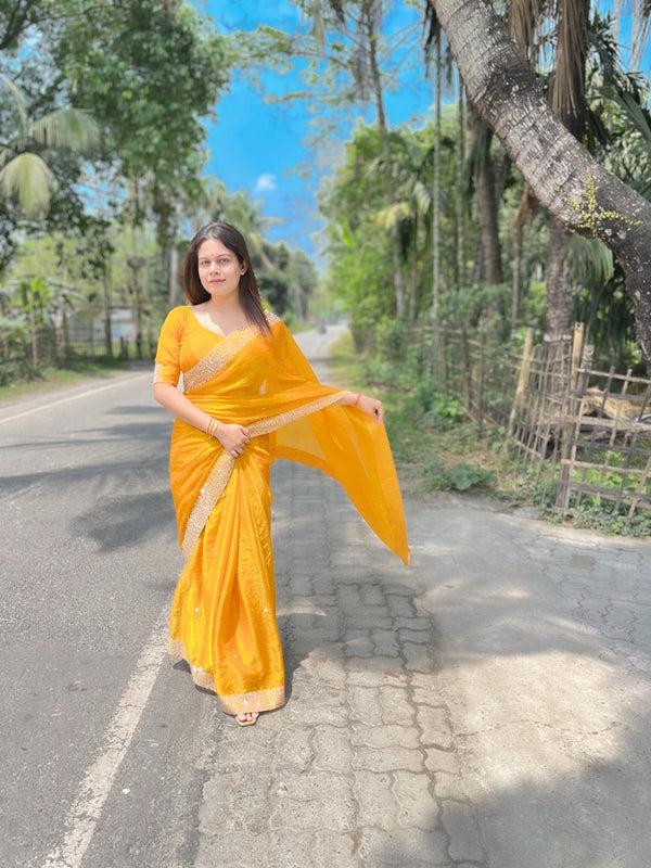 Fendy Silk Saree in Yellow with Scattered Diamond and Lace Border