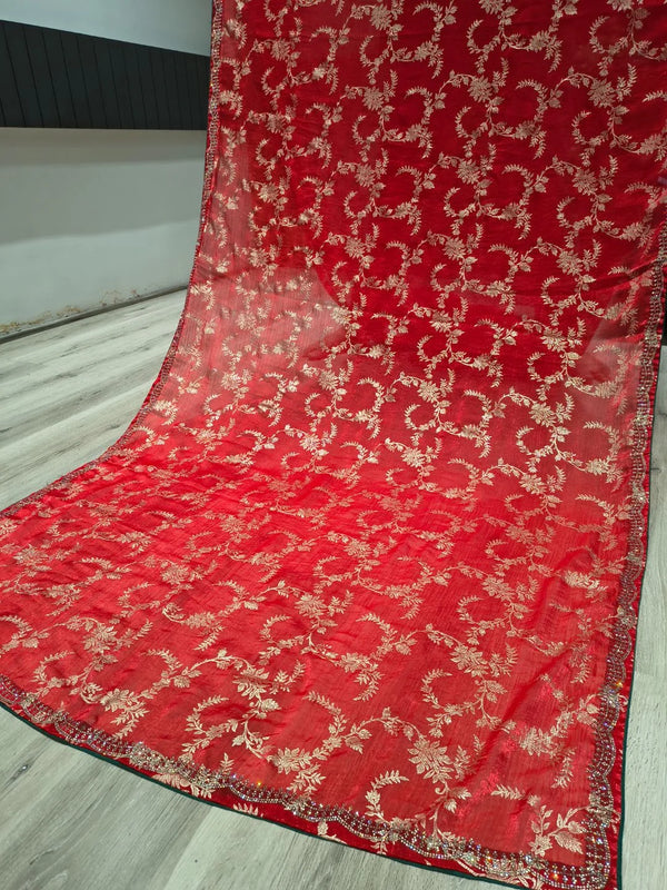 Red Jimmy Choo Saree with Foil and Diamond Work for Festive Elegance
