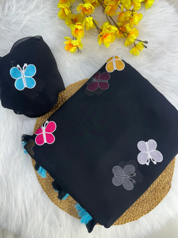 Butterfly Embroidered Georgette Saree with Tassel Border