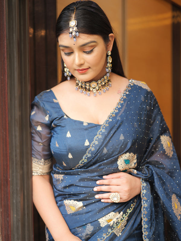 Dazzling Organza Saree with Shimmer Floral Pallu & Premium Wavy Border Blue