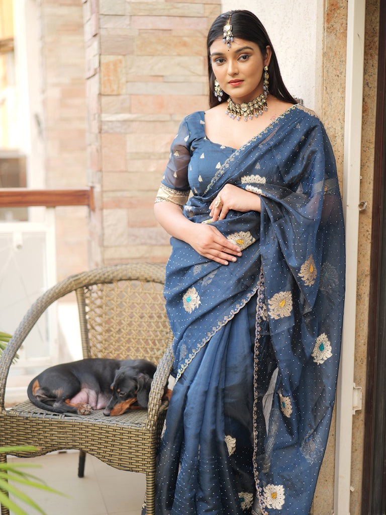 Dazzling Organza Saree with Shimmer Floral Pallu & Premium Wavy Border Blue