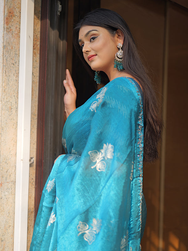 Designer Teal Fendy Saree with Scattered Floral Touch & Diamond Lace
