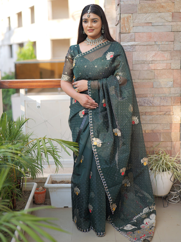 Explore Green Saree with Leaf Motif, Diamond Work & Curved Lace Detailing