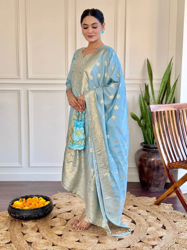 Sky Blue Chanderi Cotton Kurta Set with Dupatta for Festive Occasions