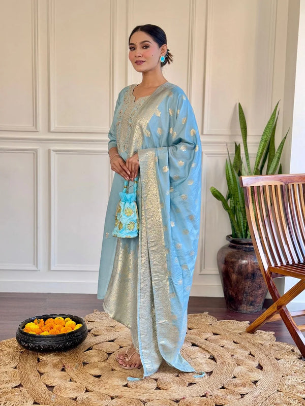 Sky Blue Chanderi Cotton Kurta Set with Dupatta for Festive Occasions