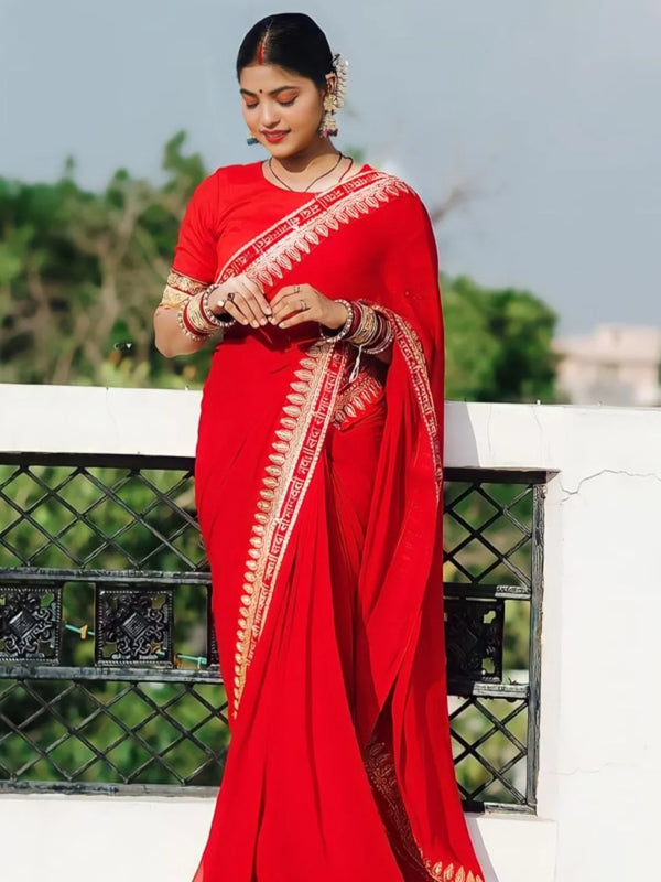 Designer Karwa Chauth Saree in Red Fendy Chiffon Silk with Sacred Sanskrit Weave