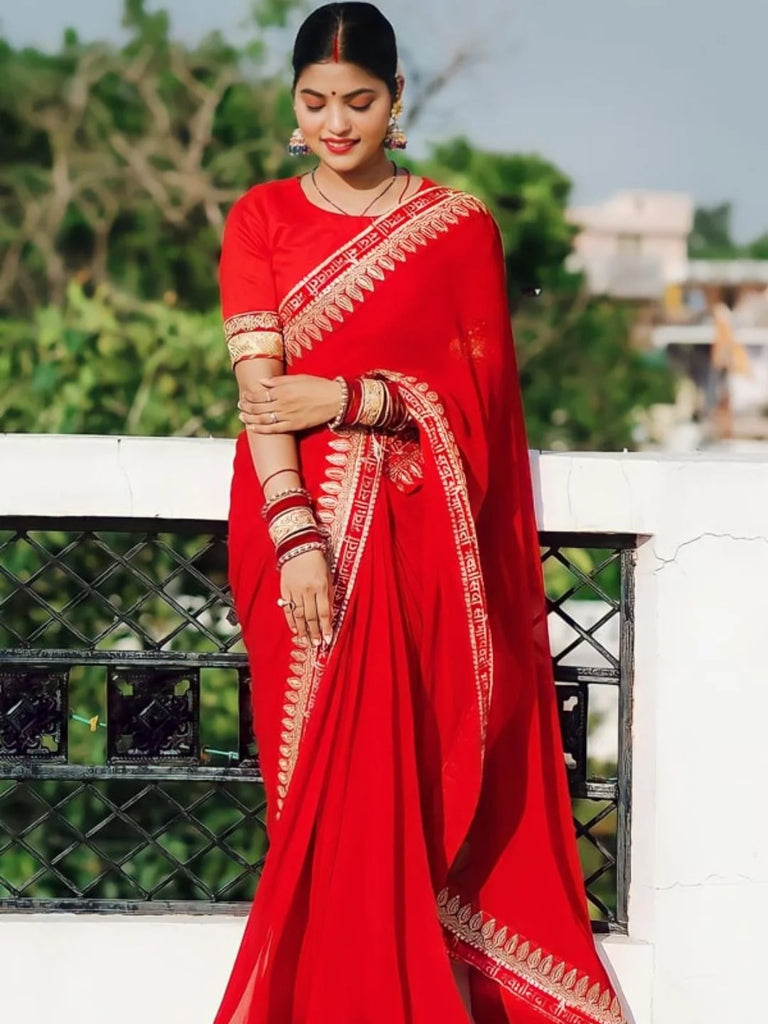 Designer Karwa Chauth Saree in Red Fendy Chiffon Silk with Sacred Sanskrit Weave