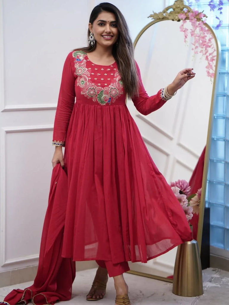 Embroidered Flared Gown with Chanderi Cotton Dupatta – Party & Festive Wear