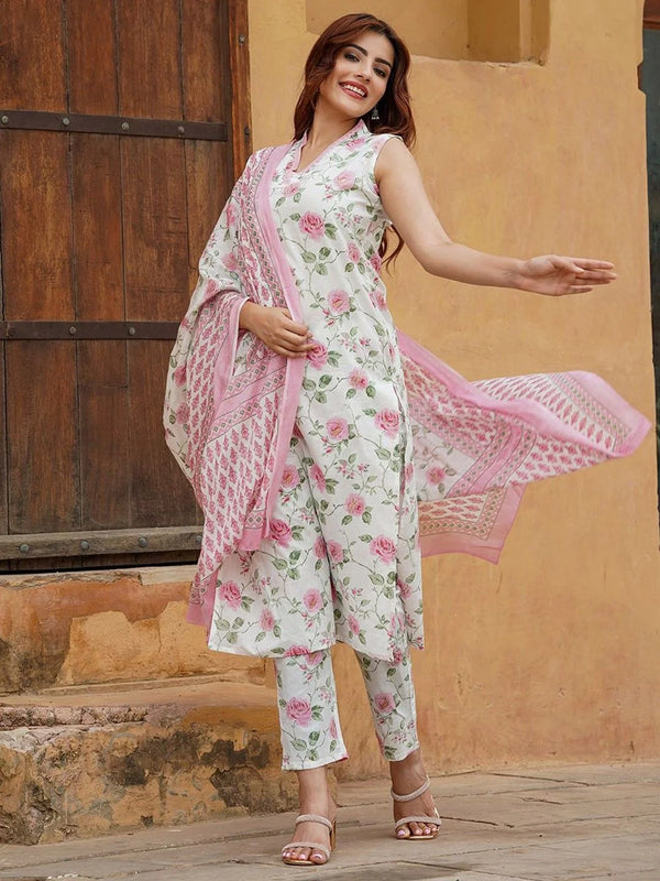 Floral Flared Kurti Set with Chanderi Cotton Dupatta – Party & Festive Wear