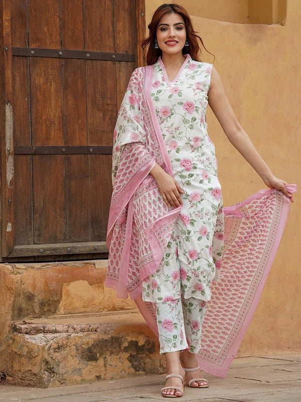 Cotton Slub Floral Kurti Set with Chanderi Dupatta – Party & Festive Wear
