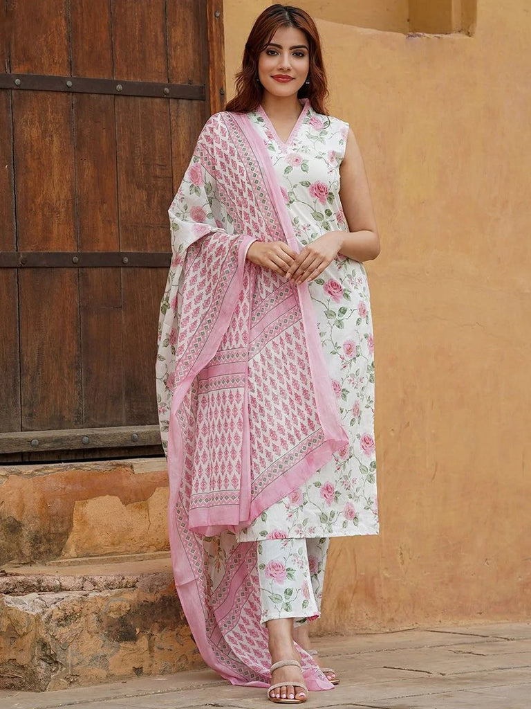Cotton Slub Floral Kurti Set with Chanderi Dupatta – Party & Festive Wear