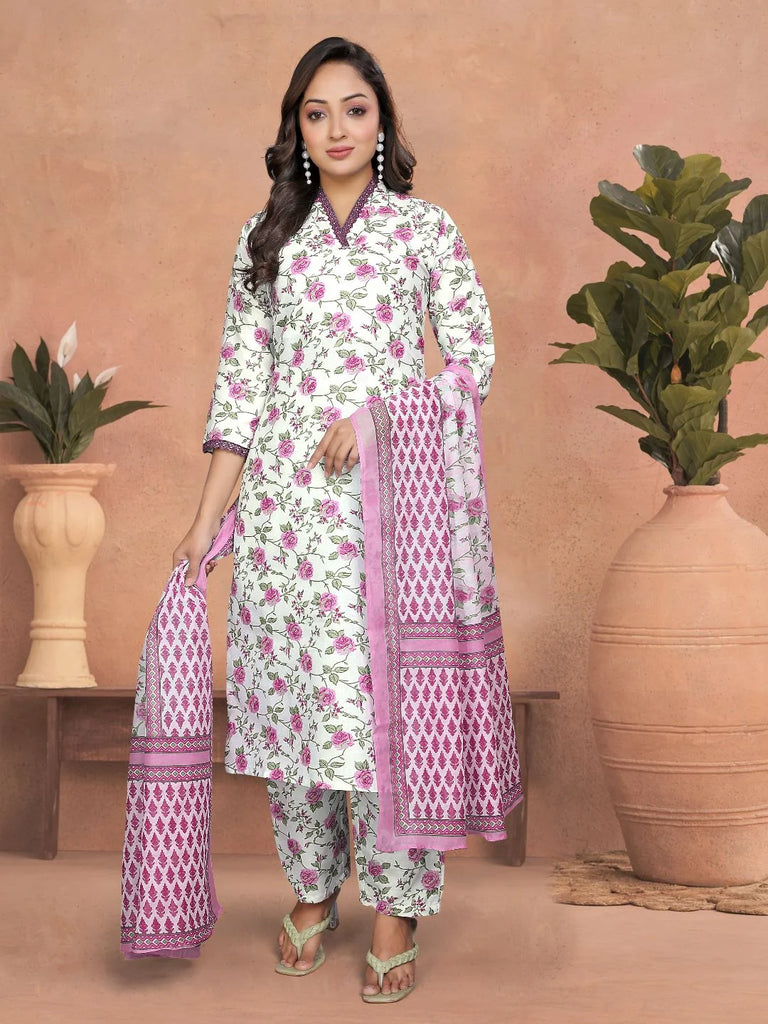 Floral Kurti Set with Chanderi Cotton Dupatta – Party & Festive Wear