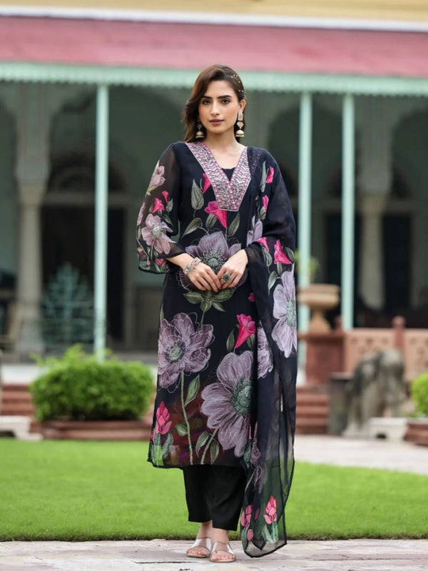 Georgette Printed & Embroidered Kurti Set with Roman Silk Bottom