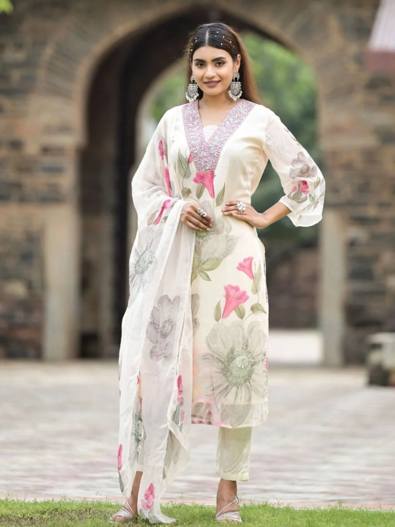 Georgette Printed & Embroidered Kurti Set with Roman Silk Bottom