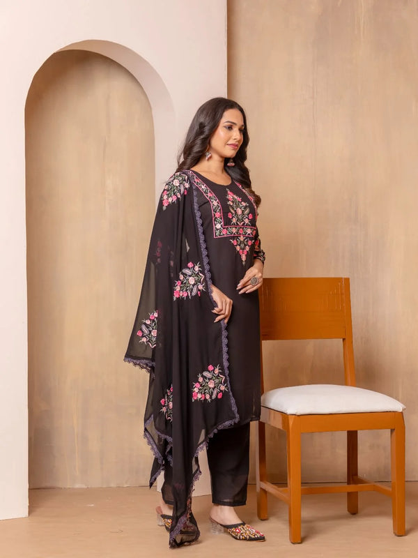 Heavy Faux Georgette Embroidered Kurti Set with Palazzo & Dupatta