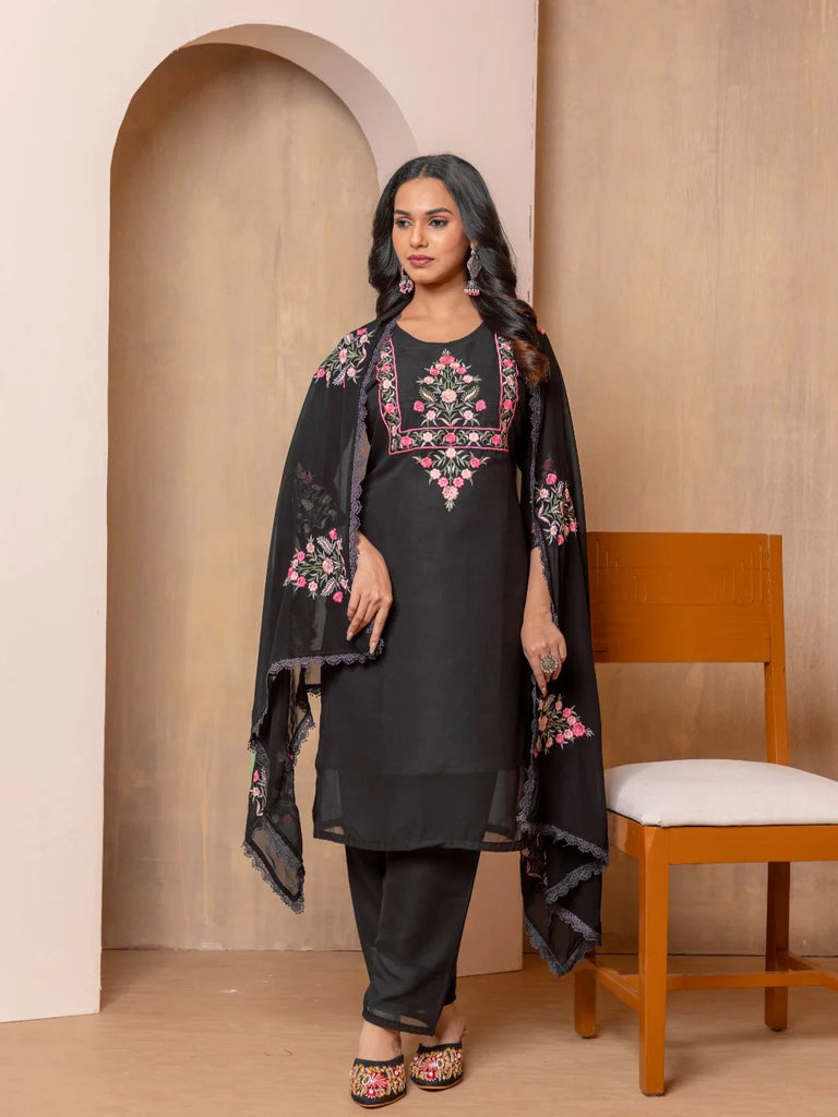 Heavy Faux Georgette Embroidered Kurti Set with Palazzo & Dupatta