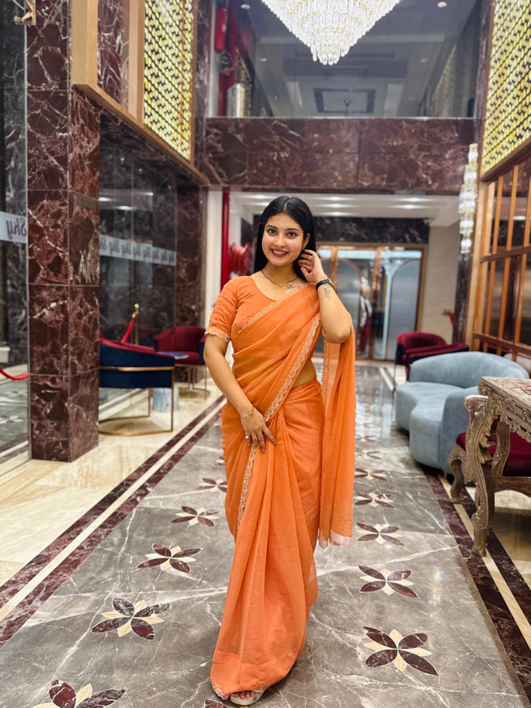 Orange Simar Saree with Elegant Diamond Border for Festive Glamour