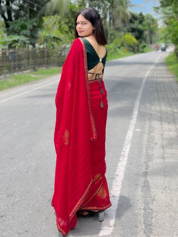 Classic Red Wedding Saree with Decorative Diamond Border and Leaf Art