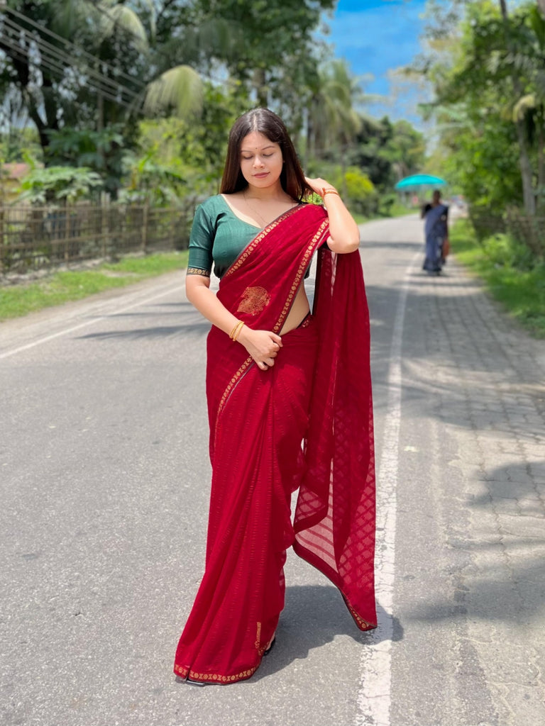 Classic Red Wedding Saree with Decorative Diamond Border and Leaf Art