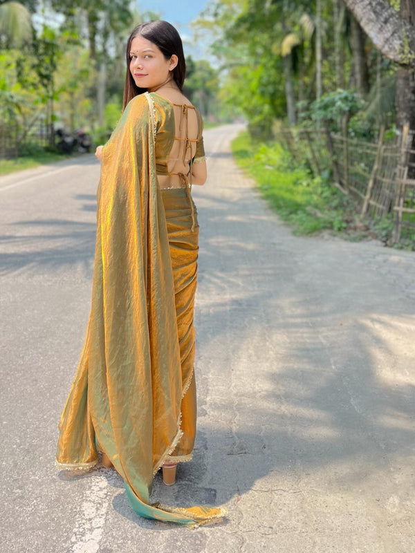 Regal Two-Tone Jimmy Choo Saree with Ornate Lace and Luxe Texture