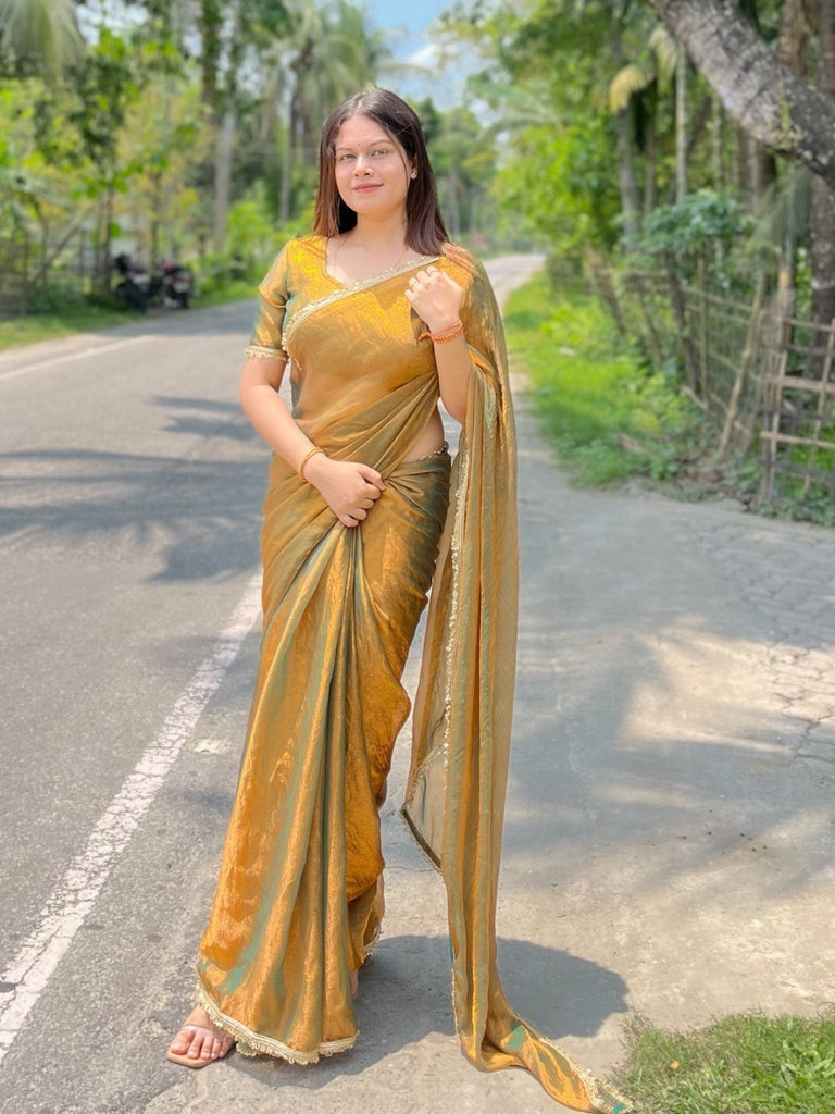 Regal Two-Tone Jimmy Choo Saree with Ornate Lace and Luxe Texture