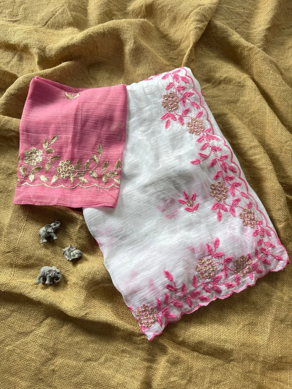 White Crunchy Silk Saree with Floral Embroidery & Contrast Border | Festive & Casual Wear