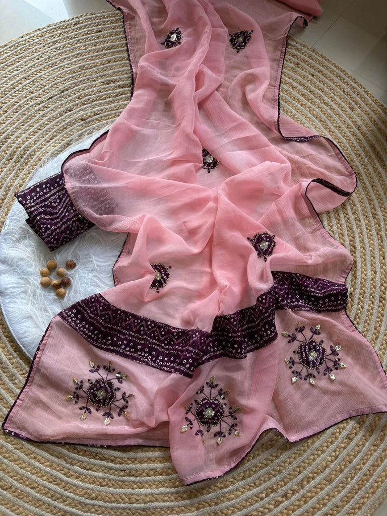 White Crunchy Chiffon Saree with Mirror & Thread Embroidery | Contrast Navy Border & Bandhani Foil Blouse