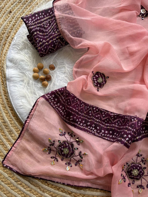 White Crunchy Chiffon Saree with Mirror & Thread Embroidery | Contrast Navy Border & Bandhani Foil Blouse