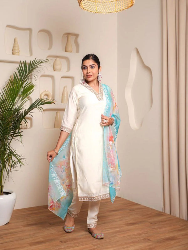 Tereza Saree Kurti Set – Chanderi Cotton Embroidered Kurta Pant with Dupatta