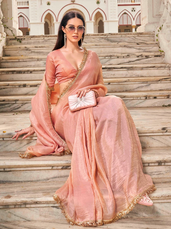 Graceful Crunchy Saree with Luxe Designer Border Detailing Peach