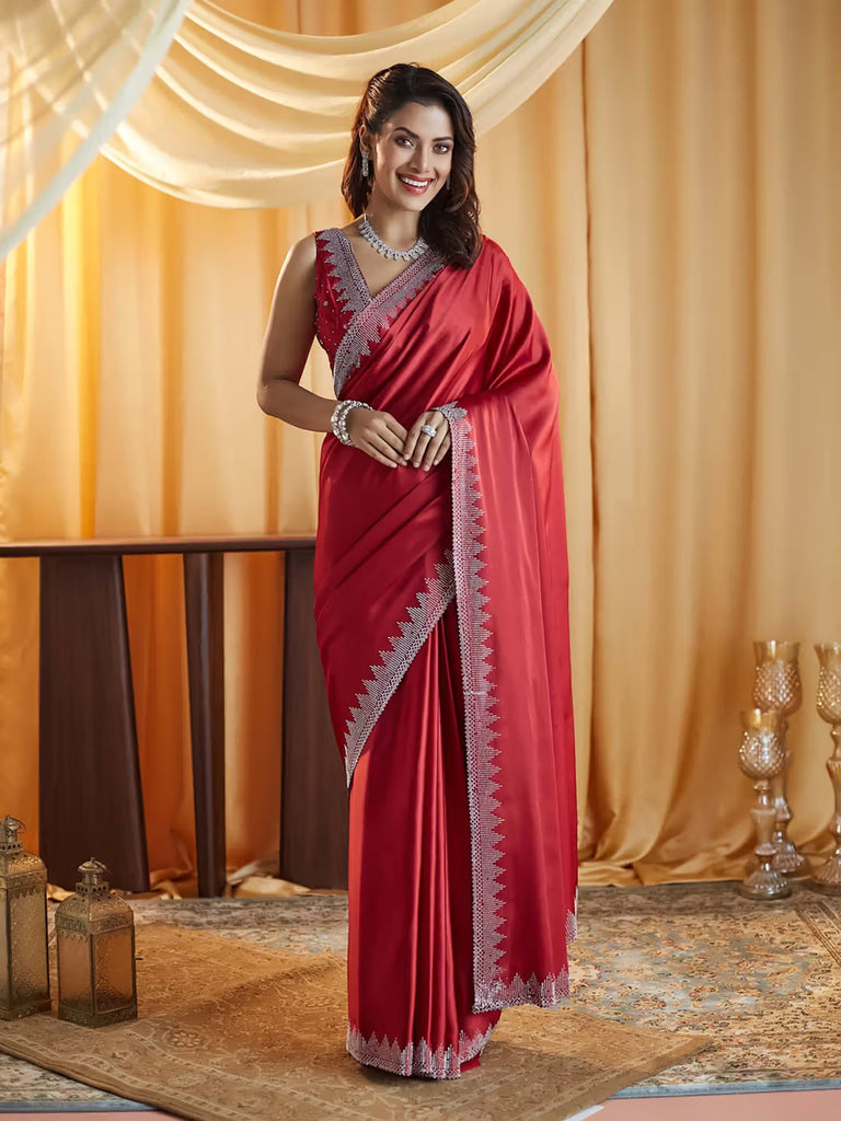 Timeless Crepe Saree with Intricate Pyramid Border & Designer Blouse Red