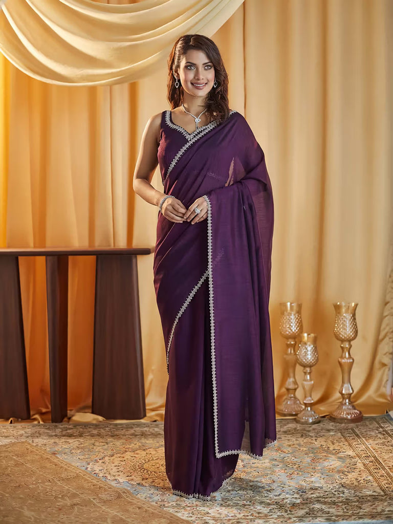 Wine Fendy Saree with Grand Zigzag & Pyramid Border Detailing