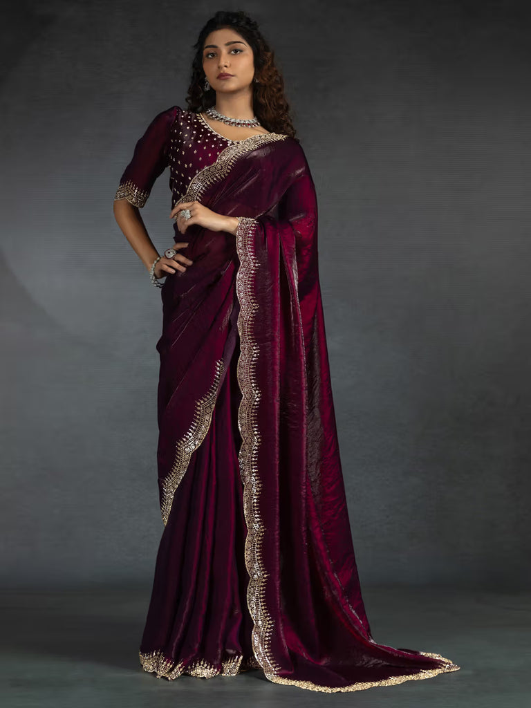 Chiffon Silk Designer Saree with Sculpted Border & Intricate Blouse Work Wine
