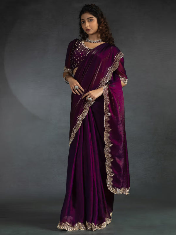 Chiffon Silk Designer Saree with Sculpted Border & Intricate Blouse Work Wine