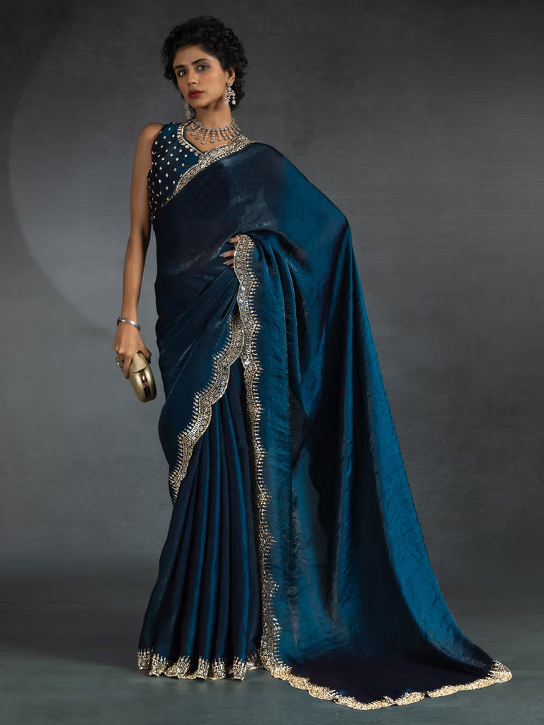 Chiffon Silk Designer Saree with Sculpted Border & Intricate Blouse Work Blue