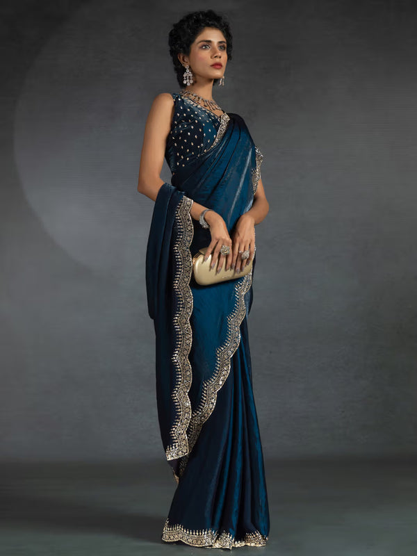 Chiffon Silk Designer Saree with Sculpted Border & Intricate Blouse Work Blue