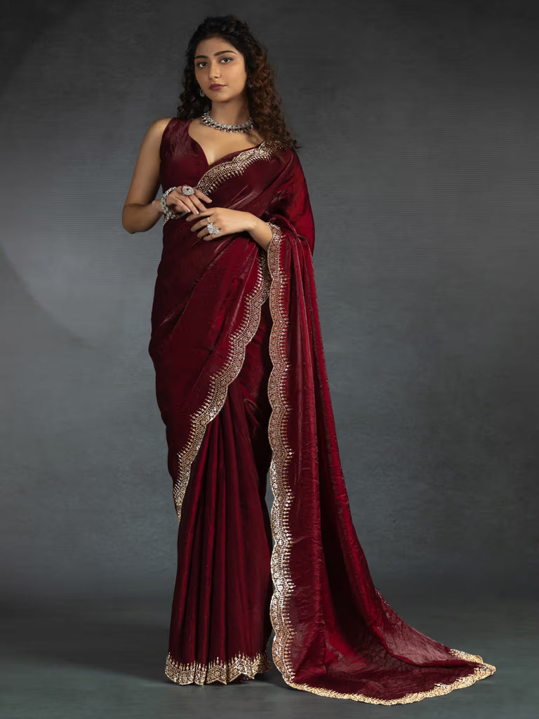 Chiffon Silk Designer Saree with Sculpted Border & Intricate Blouse Work Marron