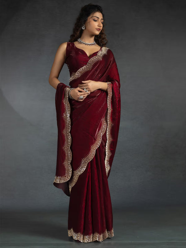 Chiffon Silk Designer Saree with Sculpted Border & Intricate Blouse Work Marron