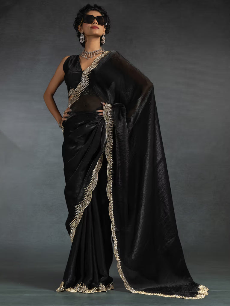 Chiffon Silk  Designer Saree with Sculpted Border & Intricate Blouse Work Black