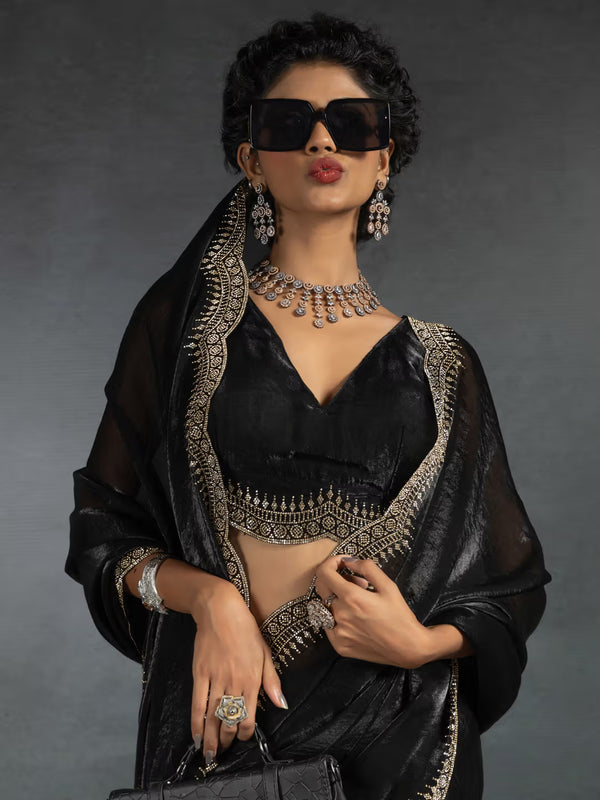 Chiffon Silk  Designer Saree with Sculpted Border & Intricate Blouse Work Black