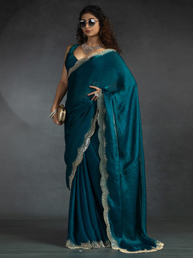Chiffon Silk  Designer Saree with Sculpted Border & Intricate Blouse Work Teal
