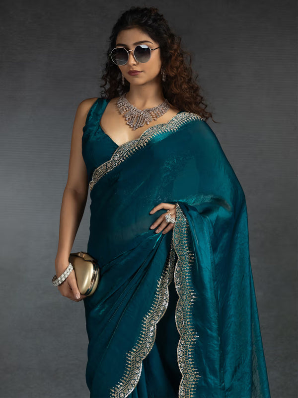 Chiffon Silk  Designer Saree with Sculpted Border & Intricate Blouse Work Teal