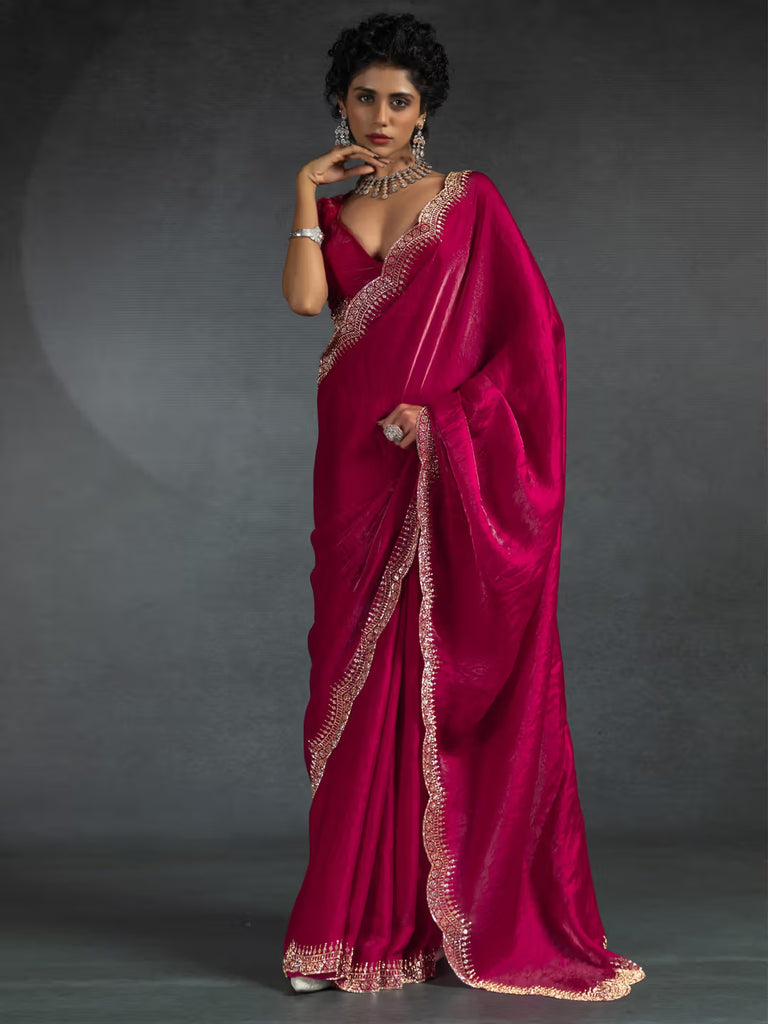 Chiffon Silk  Designer Saree with Sculpted Border & Intricate Blouse Work Magenta