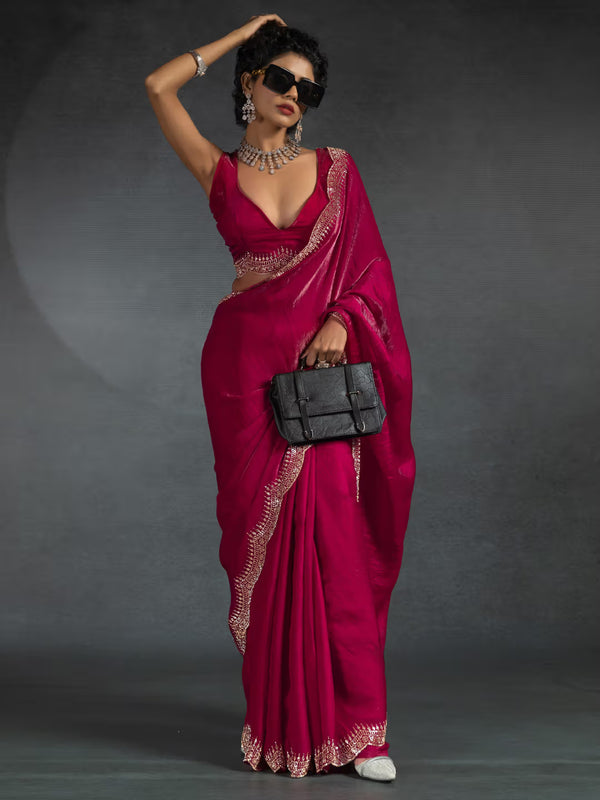 Chiffon Silk  Designer Saree with Sculpted Border & Intricate Blouse Work Magenta
