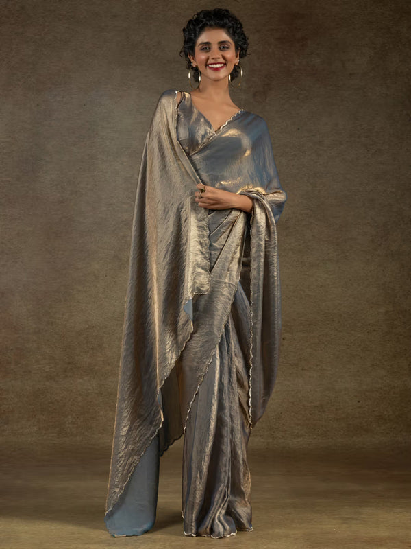 Exquisite Fendy Chiffon Saree with Wavy Diamond Border for Sophisticated Style  Grey